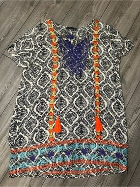 THML Cream and Black Mini Dress with Orange Tassels and Purle
